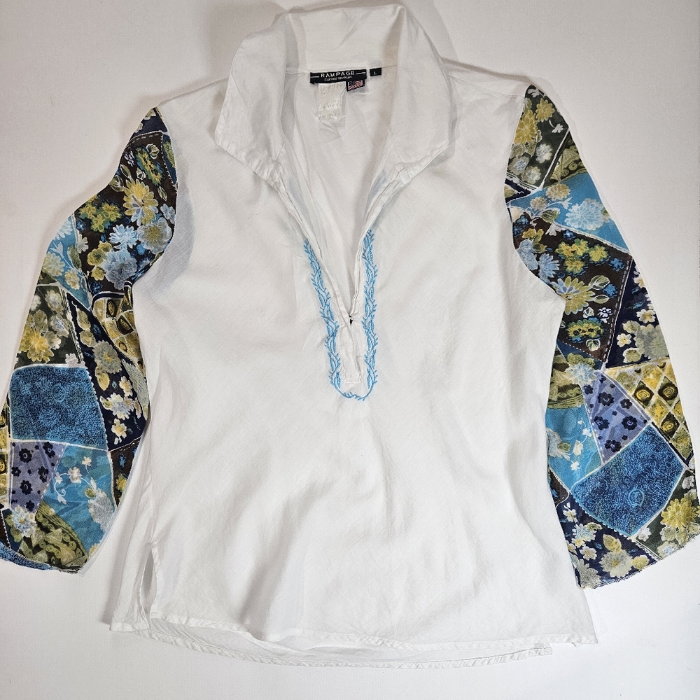 Rampage Blouse‎ Womens Large White Floral Sleeves Coastal Chic Made In The USA